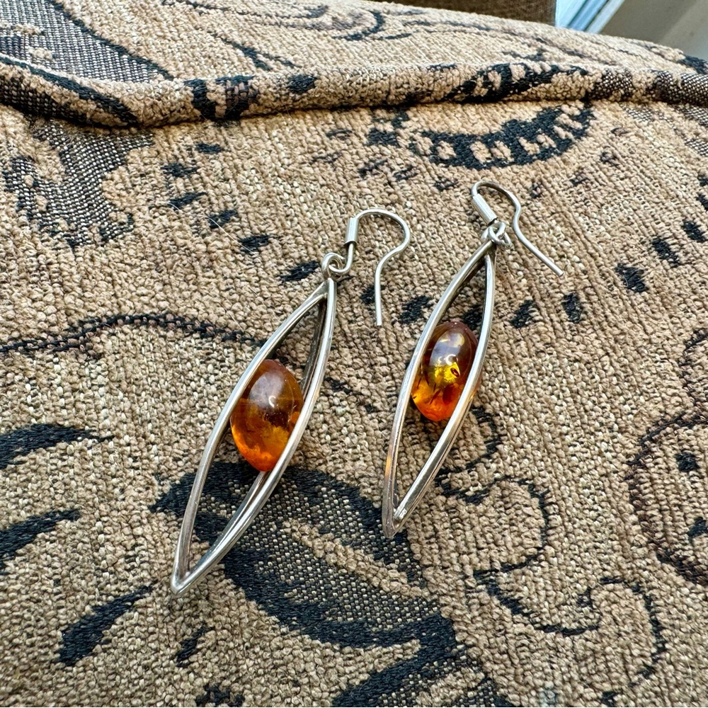Amber and sterling silver cage earrings
